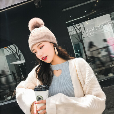 

Super Fox fur ball real fur wool blend thickened warm womens winter wool hats Korean knit hat tide