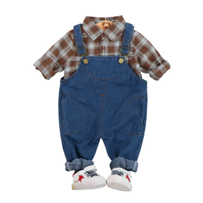 

2Pcs Toddler Newborn Boy Girl Autumn Outfits Long Sleeve Plaid Print TopStrap Trousers Casual Sets Baby Clothes Set