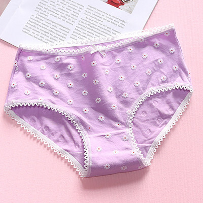 

Women Mid Rise Seamless Cotton Underwear Briefs Floral Print Lace Splicing Waistband Panties