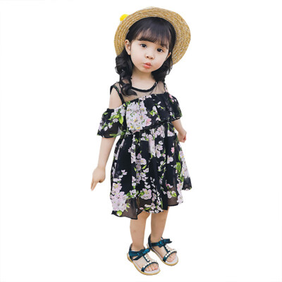 

Summer Children Girls Cute Dress Flower Chiffon Floral Print Stitching Bottoming Sleeveless Sweet Princess Off-Shoulder Dress