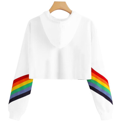 

Women New Fashion Rainbow Printing Sleeves Love Printed Crop Top Hoodies Drawstring Crop Pullover Sweatshirt