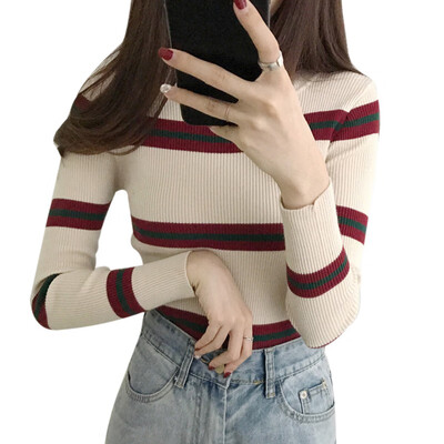 

Korean Style Round Neck Soild Color Stripes Sweater Slim Thin Long-sleeved Knit Sweater Black Code