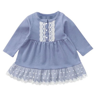 

0-5T Children Autumn Girls Cute Lace Stitching Round Collar Princess Long-Sleeved Sweet Solid Color Dress