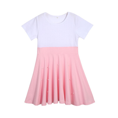 

2019 New Summer Casual Baby Girls Patchwork Dress With Pearl Design Cotton Kids Toddler Short Sleeve Sundress