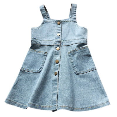 

Summer Baby Girls Strap Solid Print Pattern Casual Denim Dress Kids Toddler Princess Sundress
