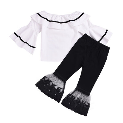 

Children Girls Clothes Ruffle sleeve Pullover Lace Tops Print Flares Trousers 2pc Toddler Cotton Outfit Fashion Set for 3-6T