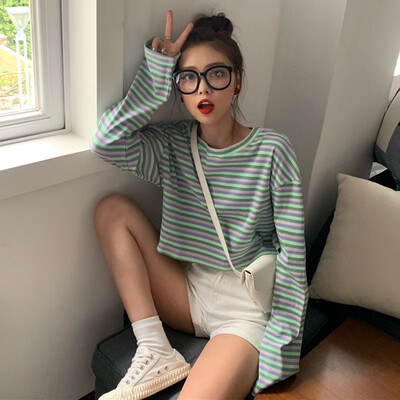 

Harajuku Korean Sweet T-shirt Long Sleeve Striped Friends Kawaii Autumn Winter Women Casual Basic Stranger Things