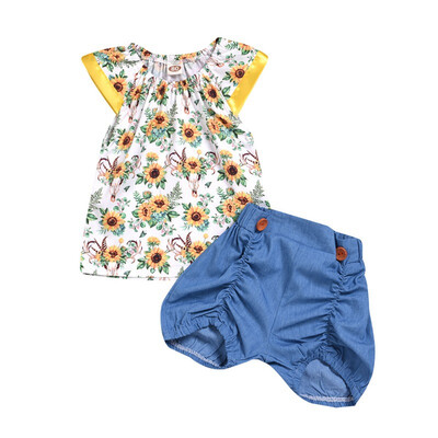 

Summer Children Baby Girls Casual Floral Pattern Short Sleeve Tops VestShorts Suits Costume Set