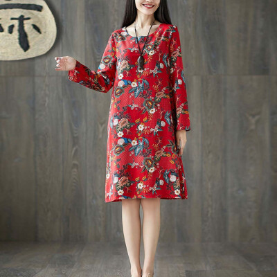 

Tailored Women Long Sleeve Floral Print Long Dress Elegant Party Dress Vintage