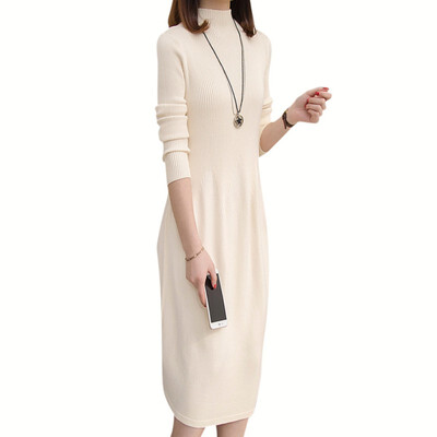 

Autumn Winter Long Section Bottoming Long Sleeves Slim Half-high Necked Long Dress Sweater Women