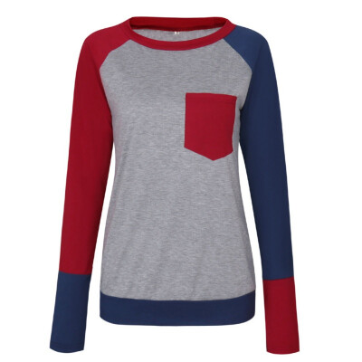 

Female O-Neck Long Sleeve Casual Simple T Shirts Pocket Patchwork Tops Spring Autumn Women Cotton Slim T-Shirts Tees