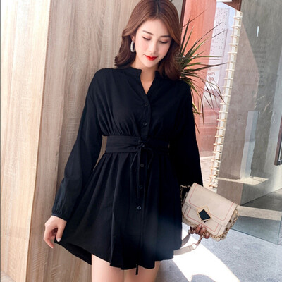 

Women Buttons Dress Solid High Waist Long Sleeve Dresses Vintage Autumn Mini Dress Stand Collar Vestidos