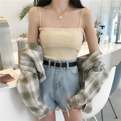 

2019 Womens Sleeveless Sexy Spaghetti Strap Solid Knitted Tank Top
