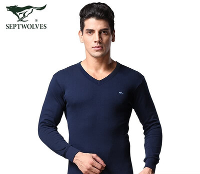 

Seven wolves thermal underwear male cotton Qiuyi Qiuku V-neck suit thin section cotton wool jacket line pants solid color V-neck 98165 Navy Blue