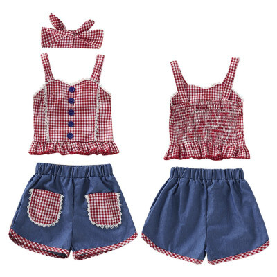 

New Summer Girls Cotton Sleeveless Red Plaid Print Vest TopsDenim Shorts Suits with Headband Casual Outfits Sets