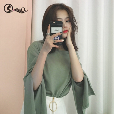

Chic Women Tops Solid Color Slit T-shirt Korean Style Loose Casual Round Neck Long-sleeved Tops Tee
