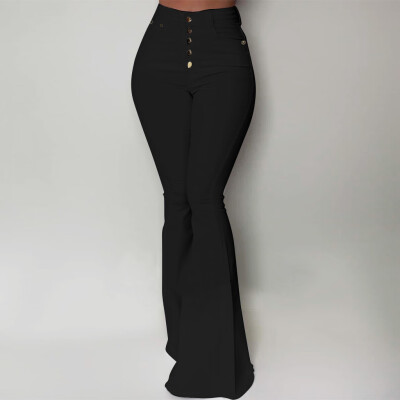 

Tailored Women Fashion Solid Color Elastic Waist Slim Fit Pants Button Casual Pants