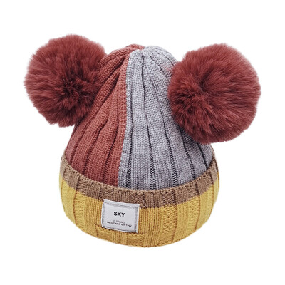 

Newborn Cute Winter Warm Kids Baby Ball Design Hats Patchwork Knitted Wool Hemming Caps