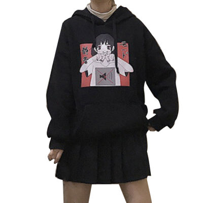 

Hoody Korean Style Cartoon Print Womens Hooded Pullover Sweet Cute Long-sleeved Plus Size Casual Thicken Hoodie Black White