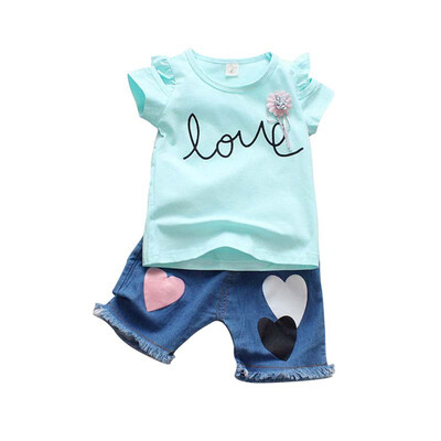 

Summer new childrens clothing baby girls clothes English print short-sleeved T-shirtdenim shorts two-piece