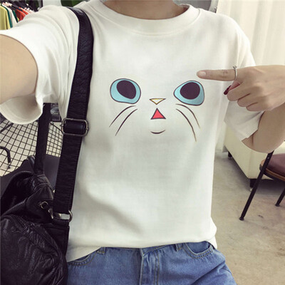 

New Women Cute Cat printed White Top 2018 Summer T Shirt Women Short Sleeve O-Neck Slim Casual Tops Tees Girl T Shirts