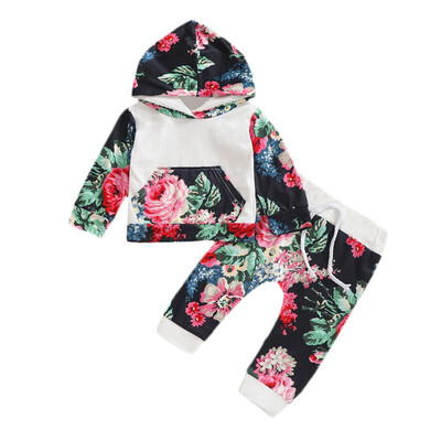 

Baby Girls Hooded Sweater Pants Baby Full Of Flower Print Suit For Kids 0-24M Baby\s Sets I