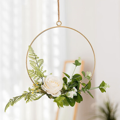

Novelty Home Kitchen Wall Art Decoration Floral Gold Metal Geometric Hoop Wreath Artificial Flower Garland Hanging Pendant Decor