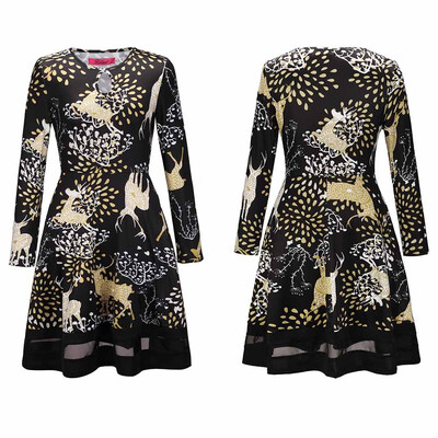 

BOFUTE New Europe America Womens Clothing O-Neck Printing Skirt Christmas Clothing Long Sleeve Dress 1209