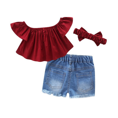 

2018 Cute 3Pcsset Baby Girl Off Shoulder Floral Tops Blouse Hole Solid Denim Shorts Headband Clothes Set