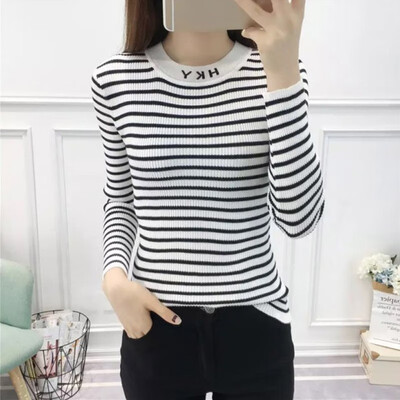 

Women Autumn Winter Stripes Print Slim Long-Sleeved Round Collar Slim Bottom Knit Sweater