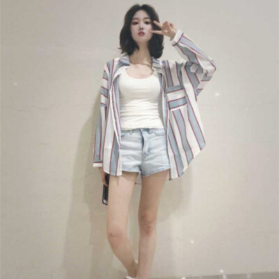 

Summer Casual Striped Print Turn-down Collar Pockets PinkBlue Color Women Shirts Long Sleeve Student Loose Blouse Tops Female