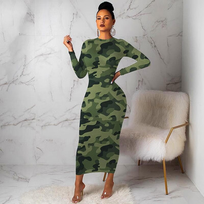 

Women Pencil Dress Colorful Camouflage Print Round Neck Long Sleeve Bandage Elegant Maxi Gown One-Piece