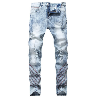 

Gobestart Mens Nostalgic Casual Denim Straight Hole Trouser Distressed Jeans Long Pants