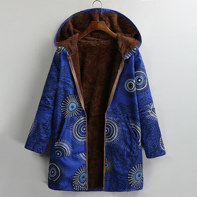 

Women Vintage Loose Hooded Coat Plus Size Printed Fleeces Lining Zip Up Winter Warm Parka Casual Long Overcoat Outwear