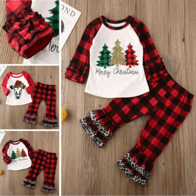 

Toddler Kid Baby Boy Girl Clothes Xmas Tree Tops T Shirt Plaid Pants Outfits Set