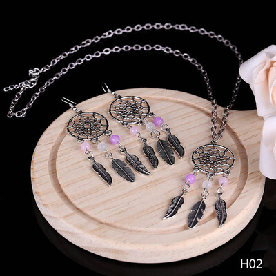

Bohemian Style Pendant Dream catcher Earrings Feather Necklace Silver Leaves Lucky Earrings