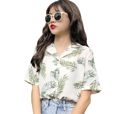 

Women Blouse&Tops Leaves Printed Short Sleeve Casual Blouse Korean Wool Peach Full Short Sleeve female lady shirts harajuku
