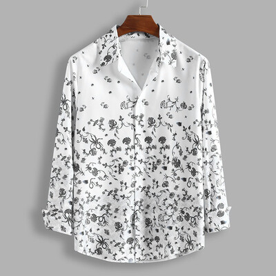 

Toponeto Mens Loose Elegant Flowers Printed Lump Chest Long Sleeve Round Hem Shirts Tops