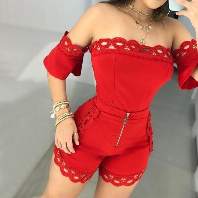 

Women Two Piece Streetwear Hollow Out Lace Detail Off Shoulder Short Sleeve Set