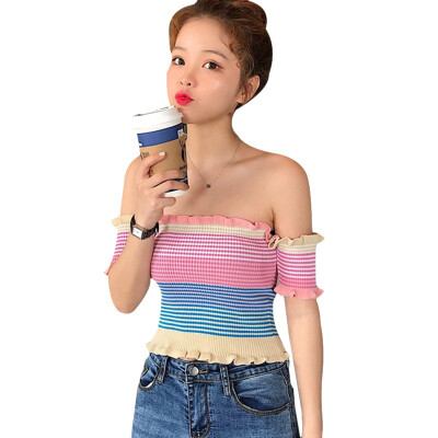 

Womens Slash Neck Striped Short Sleeve Knitted Ruffles Crop Top