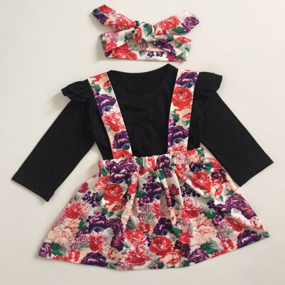 

Spring Autumn Casual Fashion Baby Girl Long Sleeve Top And Flower Printing Suspender Skirt And Headband Set Three-piece