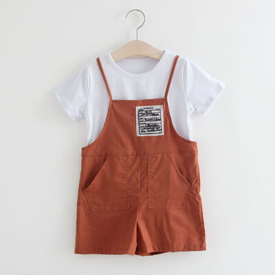 

Childrens Clothing Set Girl Short Sleeve Solid T shirtStrap Shorts Set Cotton Casual Outfits Summer