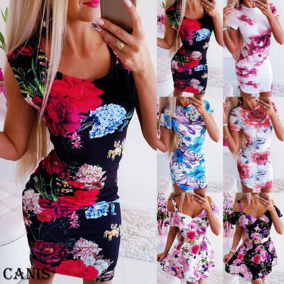 

Women Summer Sleeveless Floral Off Shoulder Bodycon Beach Party Short Mini Dress