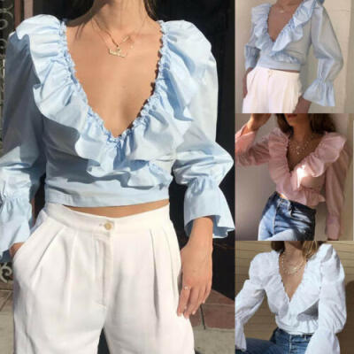 

Womens Ruffled V-Neck Crop Top Long Puff Sleeve Blouse T-Shirt Casual Solid Tops