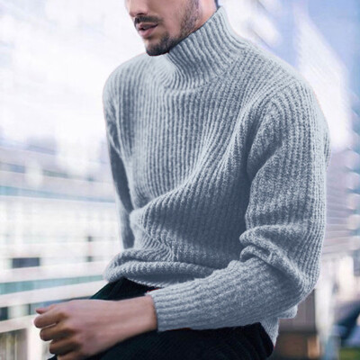 

Toponeto Men Casual Loose Turtleneck Solid High Collar Striped Pullovers Knitted Sweaters