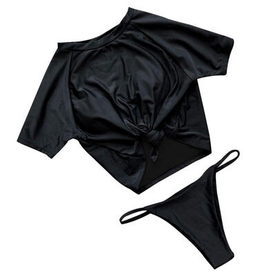 

Womens Short Sleeve Front Knot Crop Rash Guard Bikini Set NEW