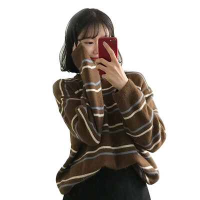 

Autumn Winter Women Sweaters Fashion Stripe Long Sleeve O Neck Pullovers Female Loose Casual Knitted Sweater Pull Femme