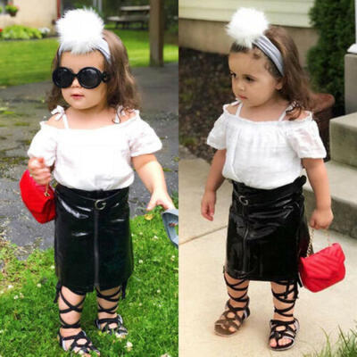 

Toddler Kids Baby Girls Off Shoulder Top Leather Mini Skirt Dress Outfit Clothes