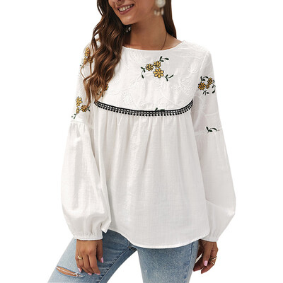 

High quality Womens Autumn Winter Fashion Casual All-match Flower Embroidered Long-sleeved Shirt Blouse