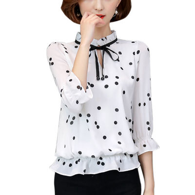 

Vintage Long Sleeve Women Blouse And Tops Polka Dot Bow Lace Bottoming Loose Chiffon Blouse Polyester Casual Tops Spring Summer